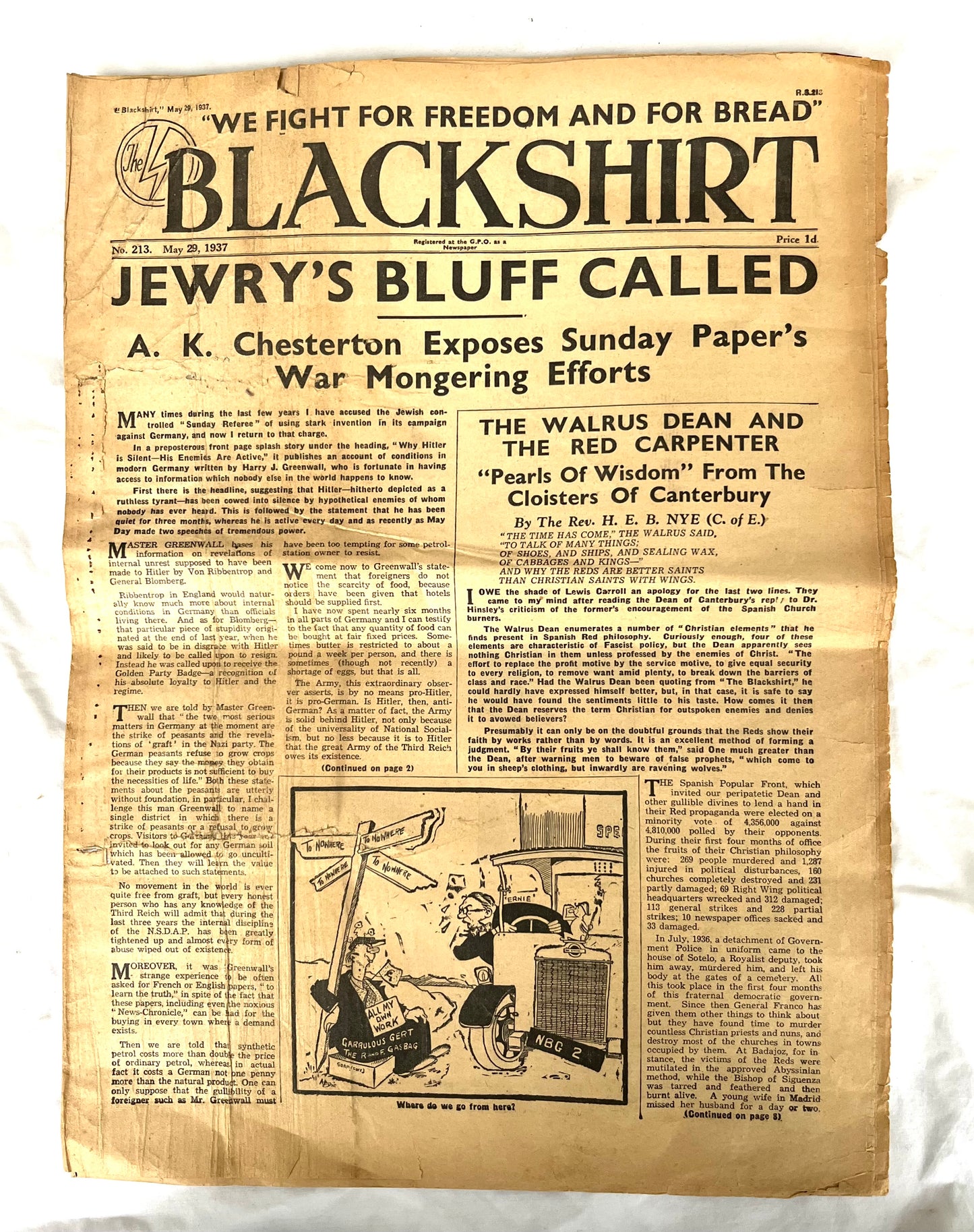 Pre WW2 Oswald Moseley Black Shirts original Armband and Blackshirt original Newspaper dated 1937.