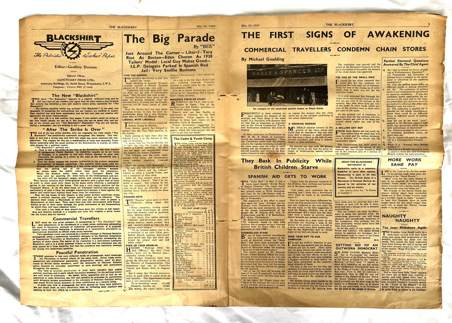 Pre WW2 Oswald Moseley Black Shirts original Armband and Blackshirt original Newspaper dated 1937.