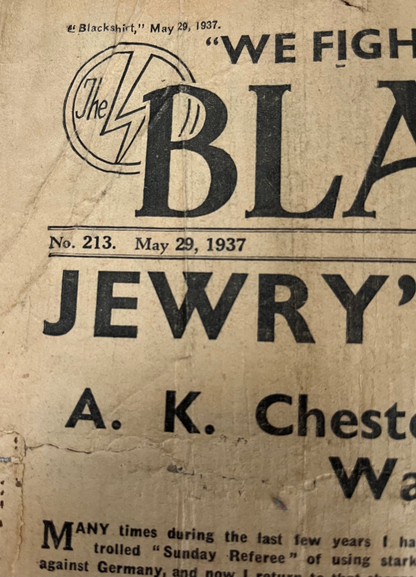 Pre WW2 Oswald Moseley Black Shirts original Armband and Blackshirt original Newspaper dated 1937.