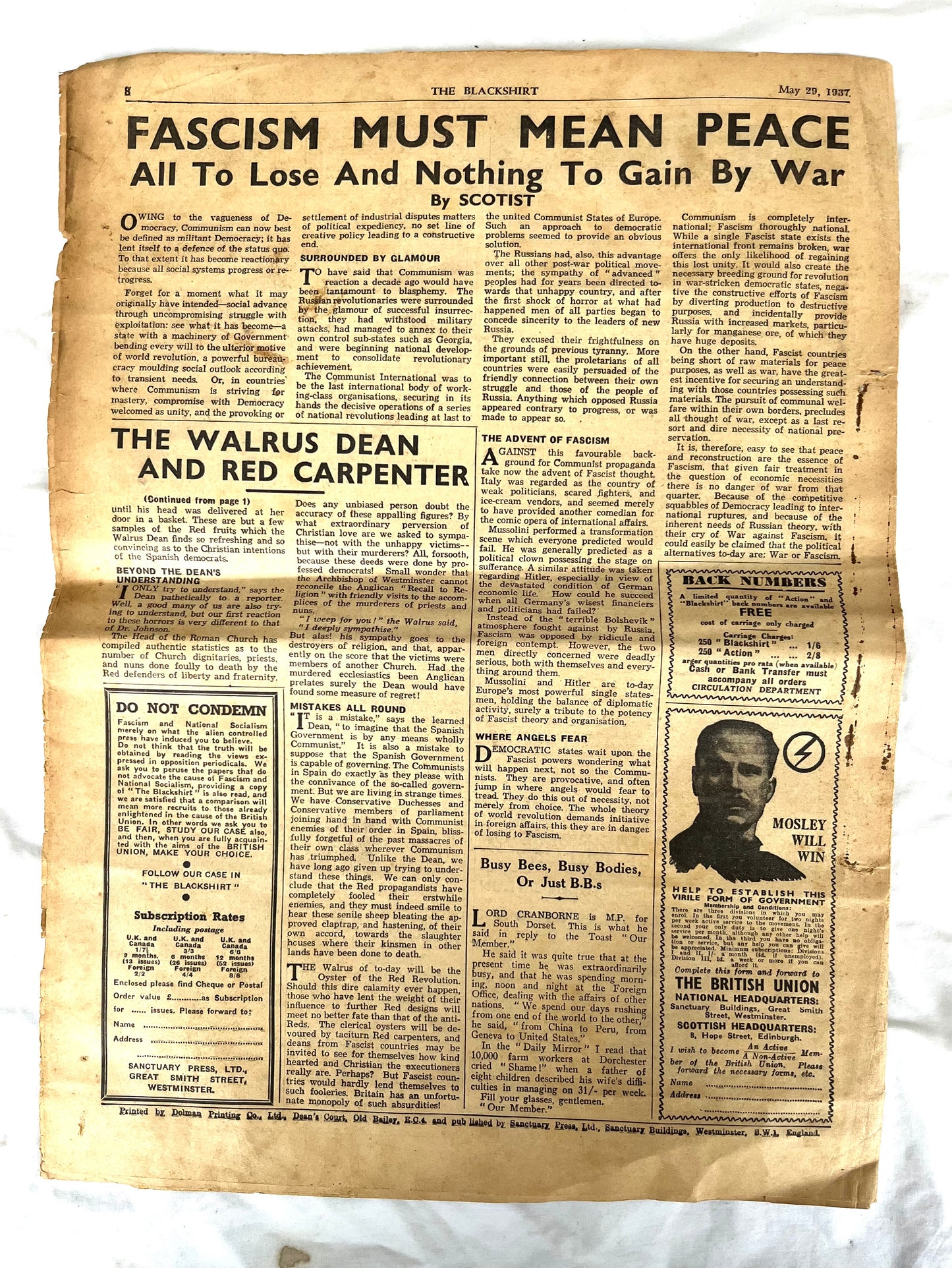 Pre WW2 Oswald Moseley Black Shirts original Armband and Blackshirt original Newspaper dated 1937.