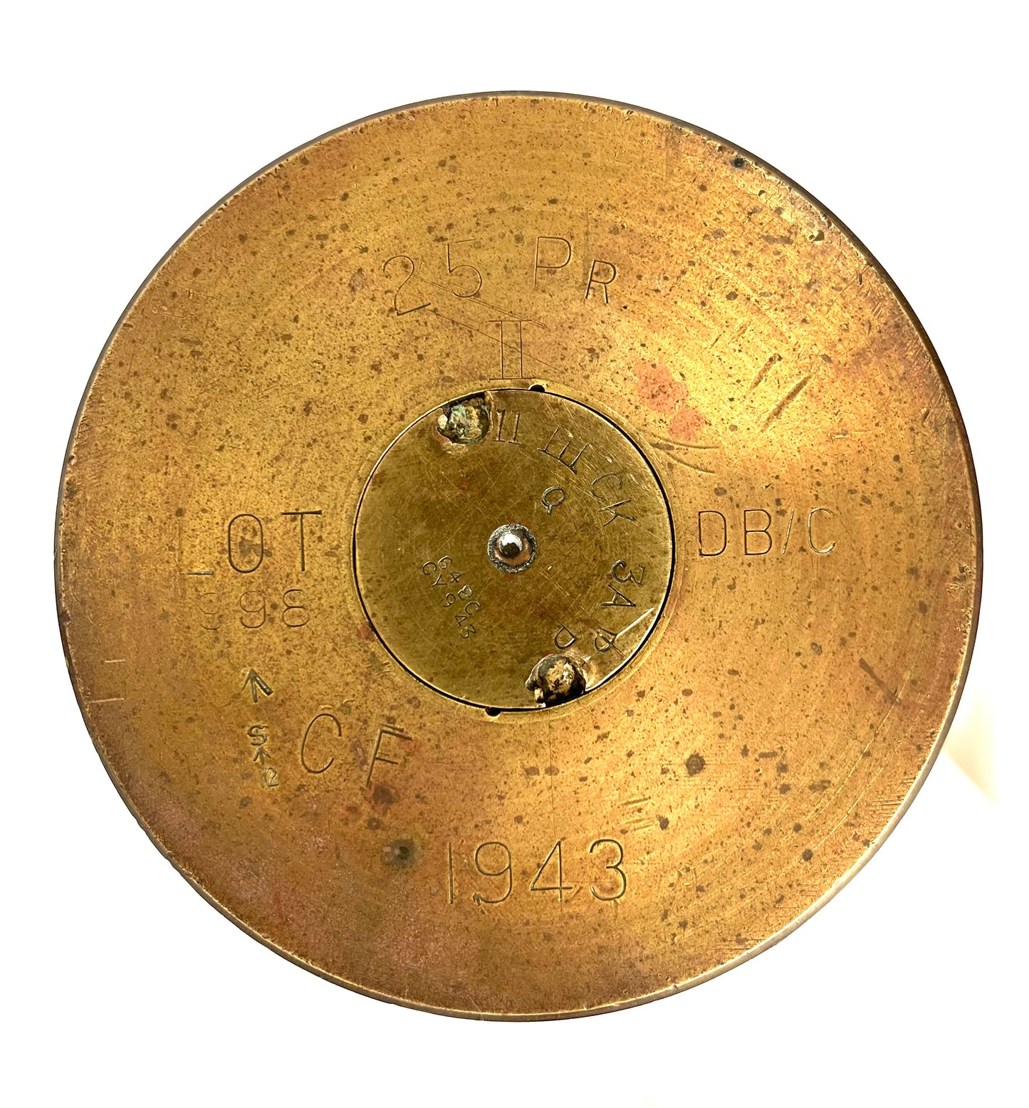 WW2 British 25 pounder round in original paint with shell and superb 199 Fuse - dated 1943 - complete and inert