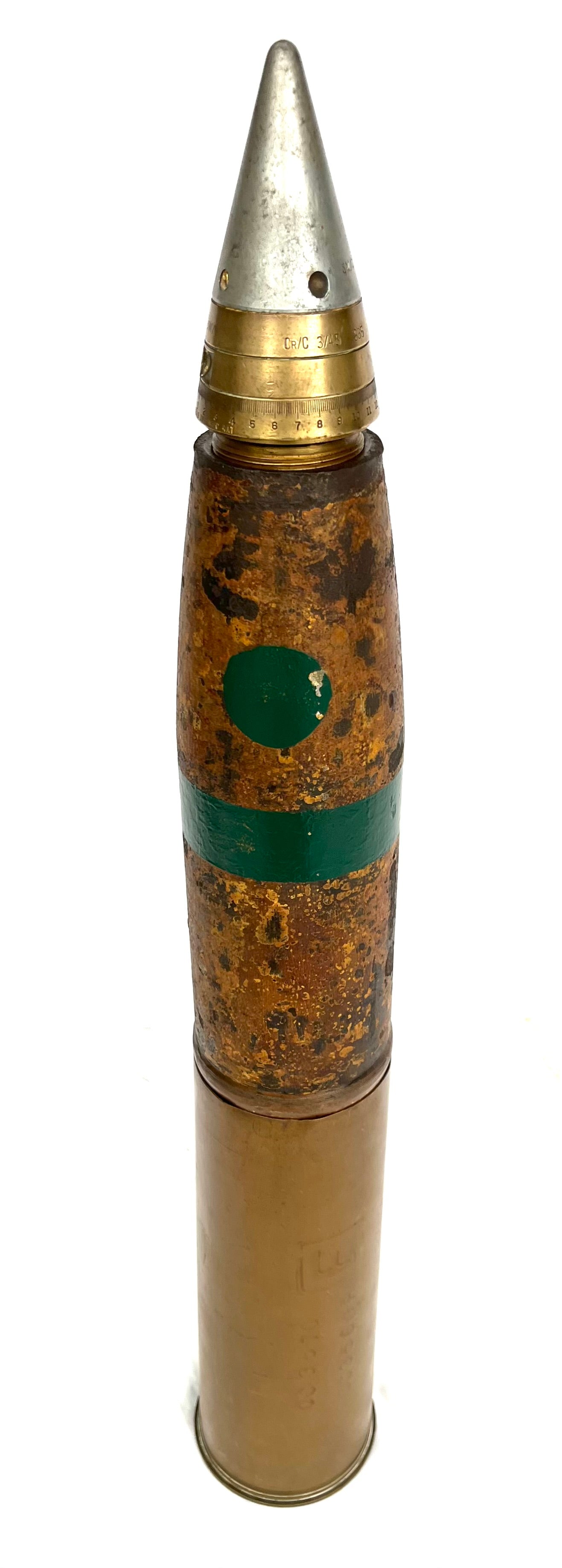 WW2 British 25 pounder round in original paint with shell and superb 199 Fuse - dated 1943 - complete and inert