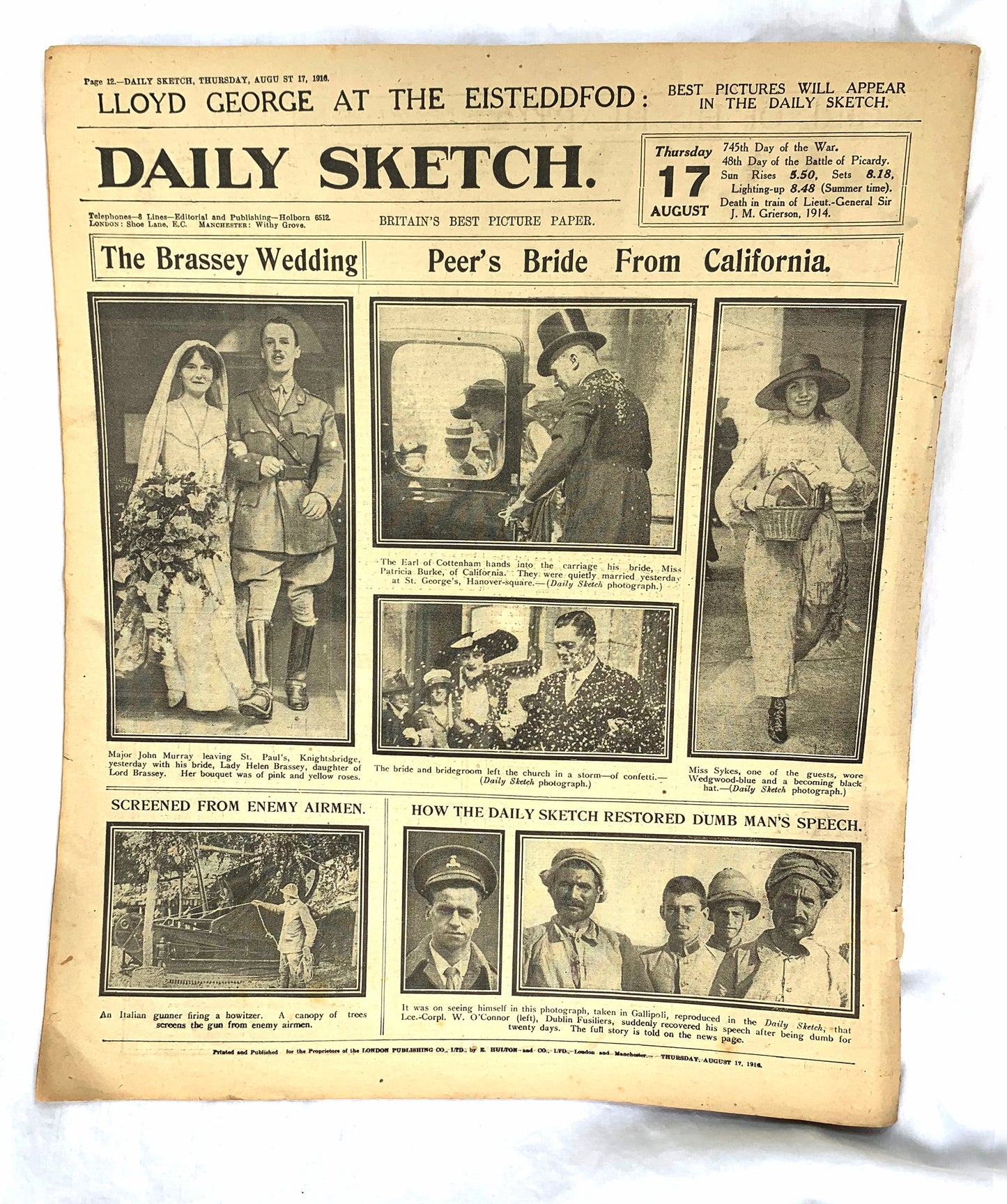 WW1 Daily Sketch Original Newspaper dated August 17th 1916