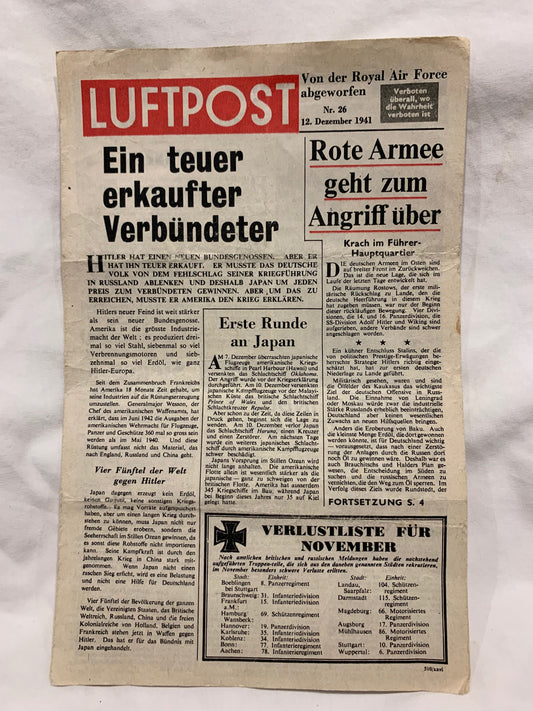 WW2 British 'Luftpost' propaganda leaflet dropped on German forces by the RAF 1941