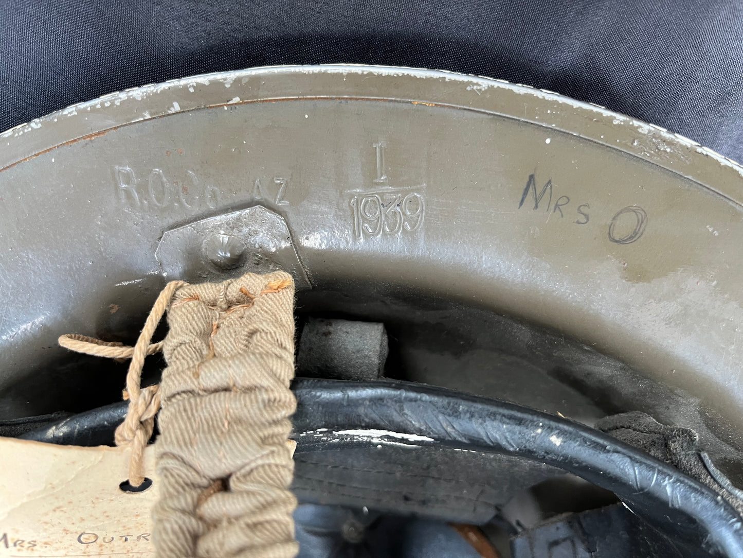 WW2 British Warden Helmet Dated 1939 with Liner and Chinstrap named to Mrs Outram, Second Warden, Galgate South .