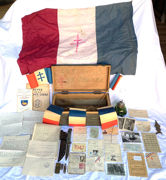 A Stunning FFI/Resistance Grouping to Andre Cattoen  (Le Renard - The Fox) including Fighting Knife, coded newspaper, ID Cards, FFI Flag and much more.