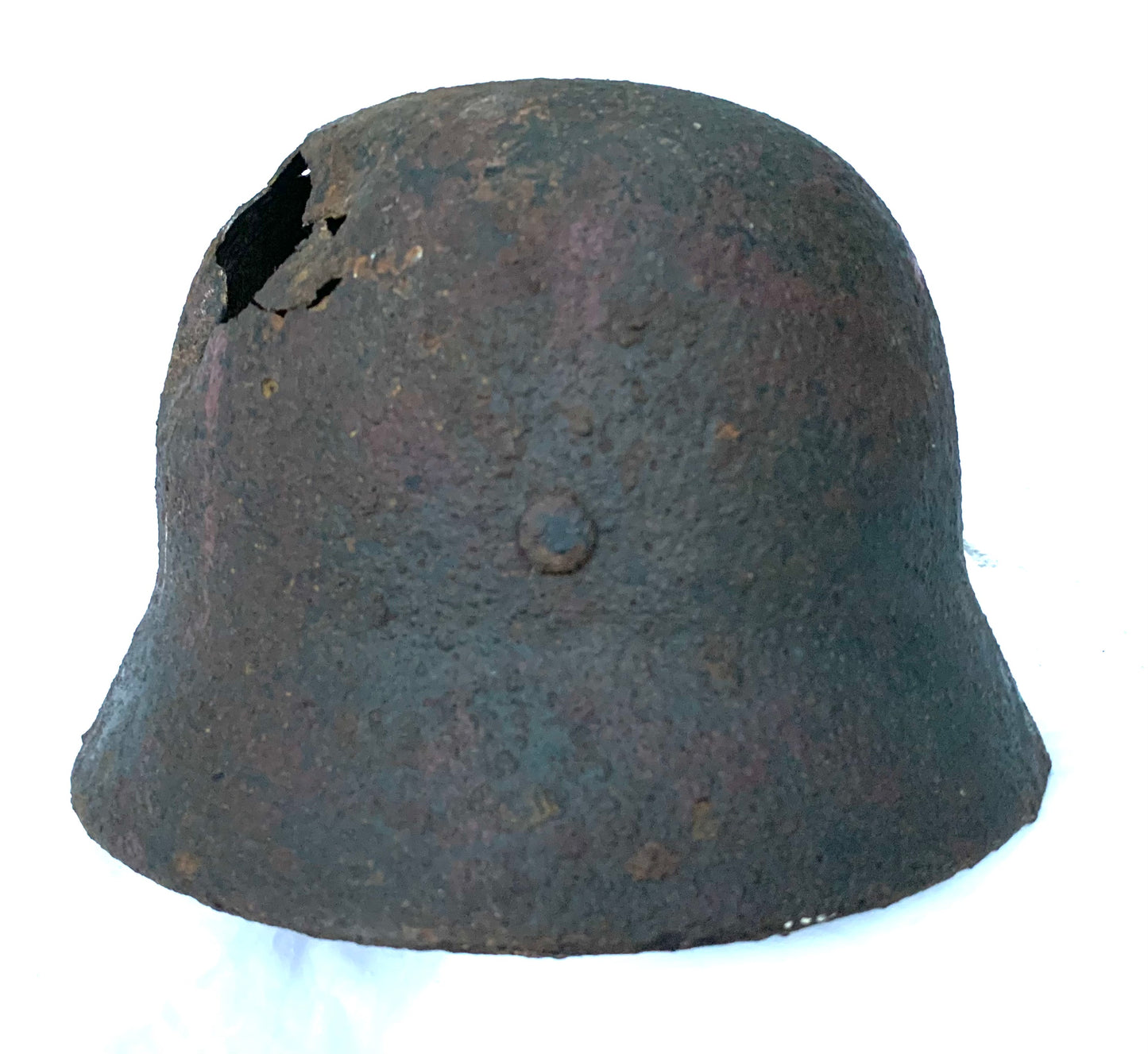 WW2 German M40 Single Decal Battle Damaged Camo Helmet recovered from the Eastern Front