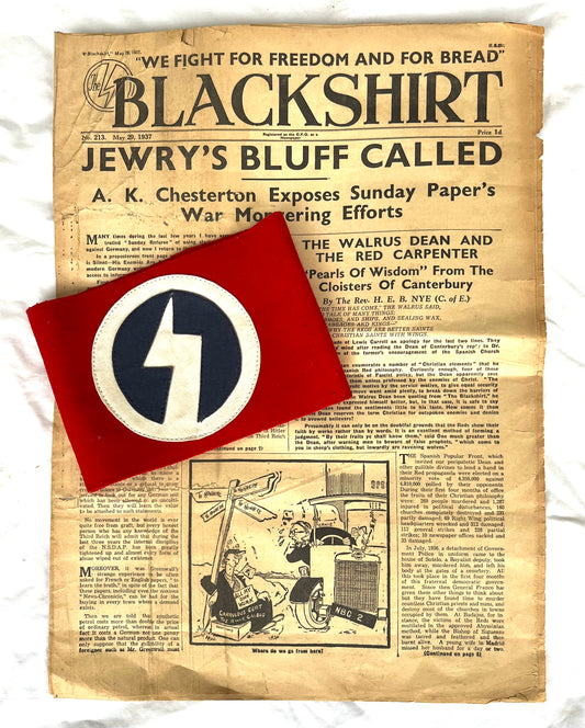 Pre WW2 Oswald Moseley Black Shirts original Armband and Blackshirt original Newspaper dated 1937.