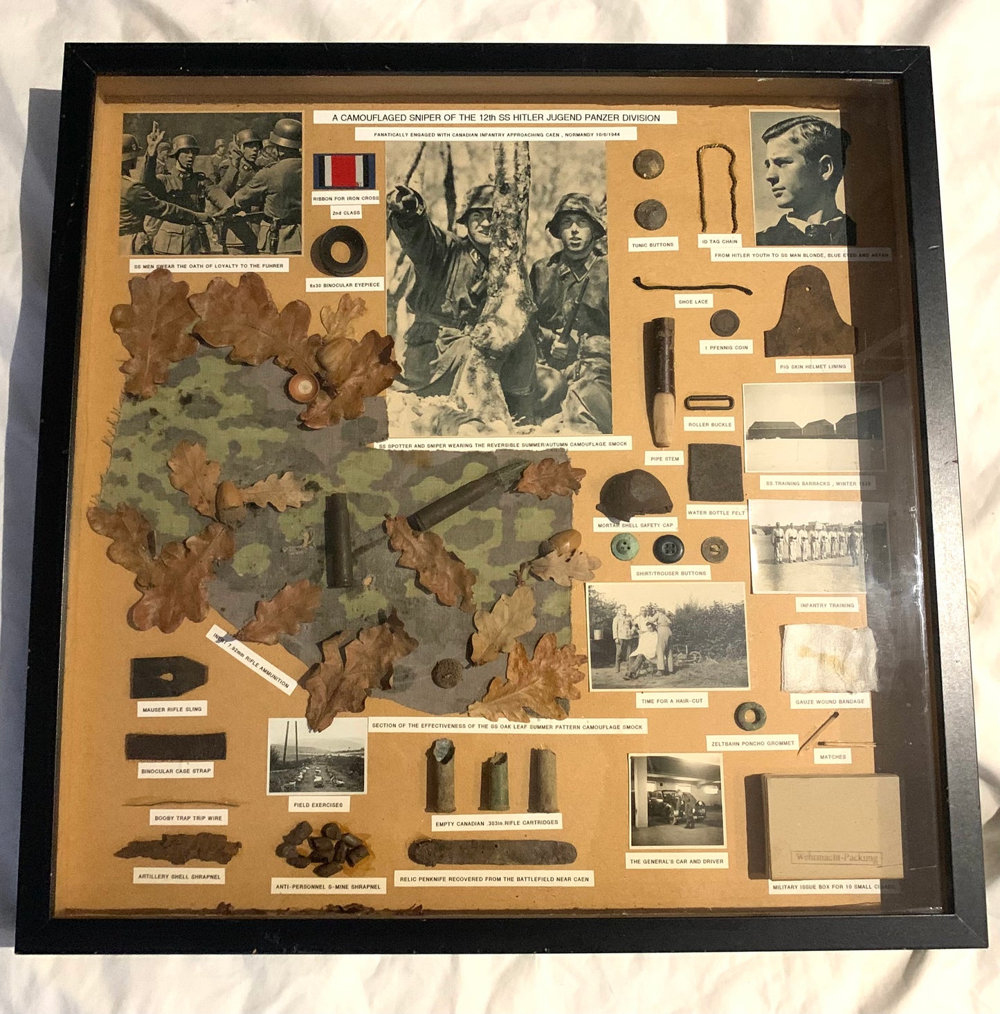 12th SS Hitler Jurgend Sniper Original Framed Items from the Battle of Caen - Normandy 1944