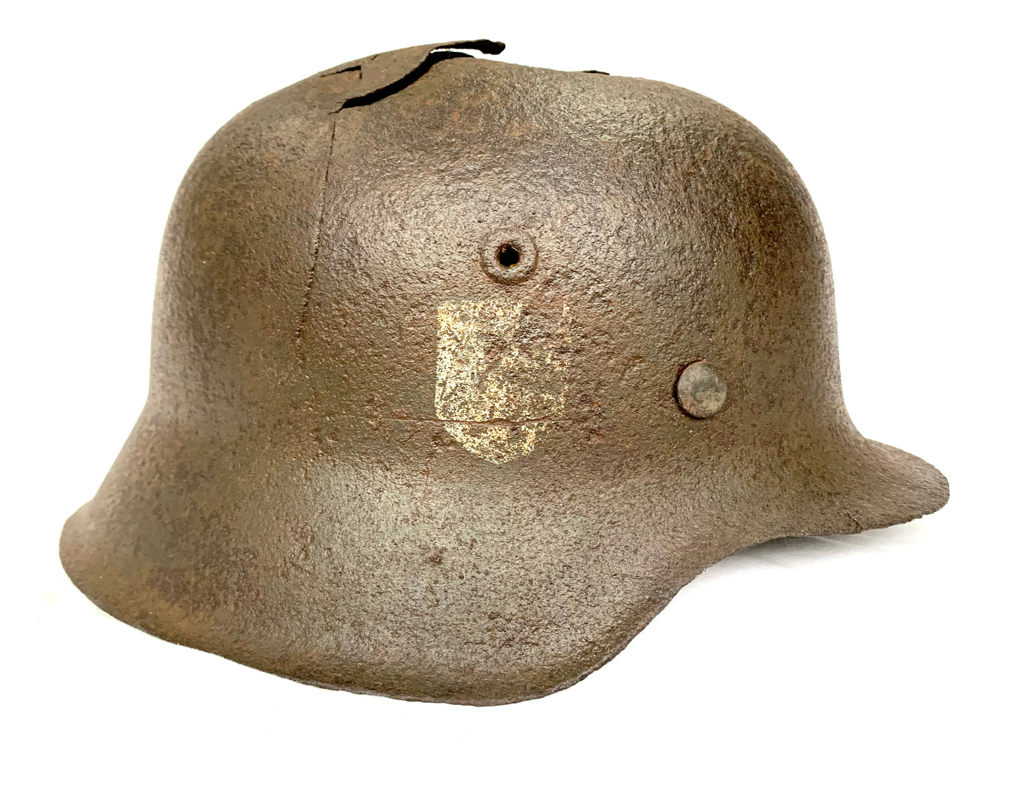 WW2 German M42 Waffen SS Battle Damaged Helmet from the 19 Waffen-Grenadier-Division der SS (lett. Nr. 2) found at Latgalia.