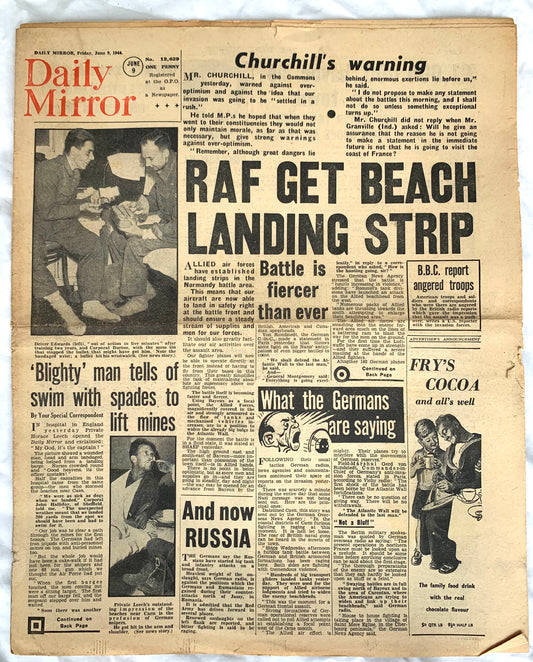 D-Day WW2 Daily Mirror Original Newspaper dated June 9th 1944