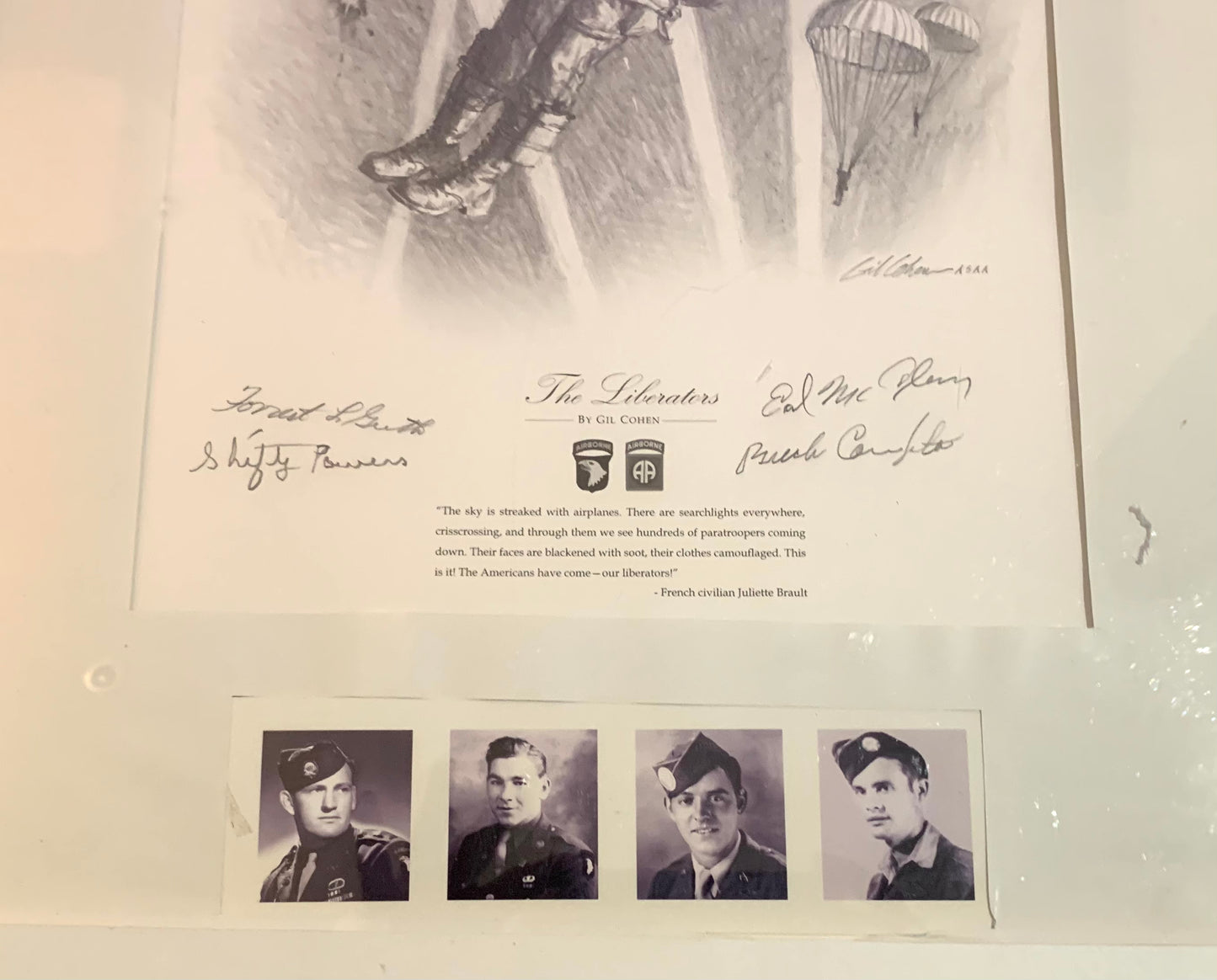 Band of Brothers print personally signed by 4 WW2 101st Easy Company Veterans including Shifty Powers and Buck Compton.