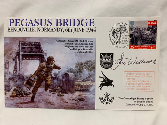 D-Day Pegasus Bridge First Day cover signed by D-Day Glider 1 pilot Jim Wallwork.