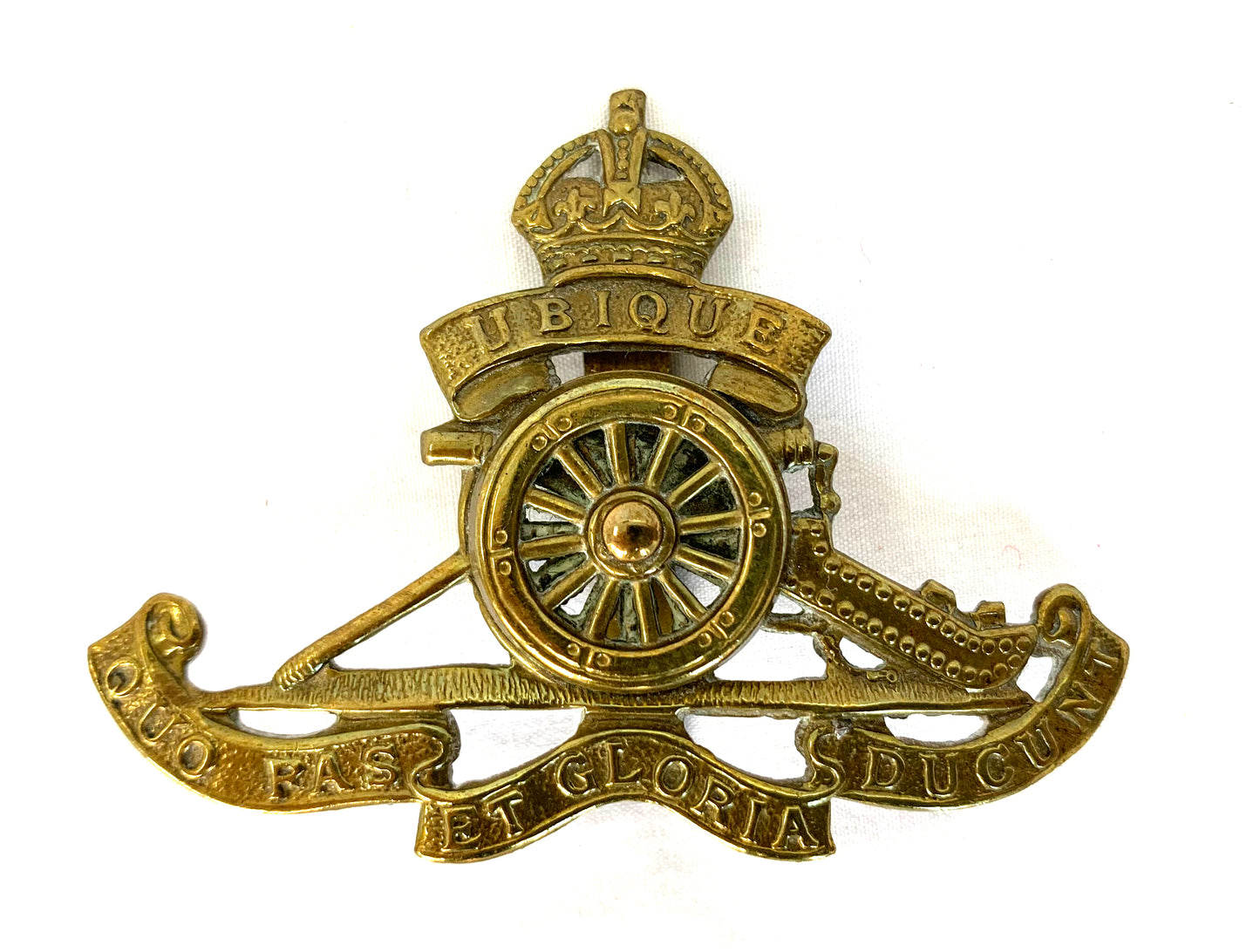 Royal Artillery Brass Original Cap Badge with moving wheel.