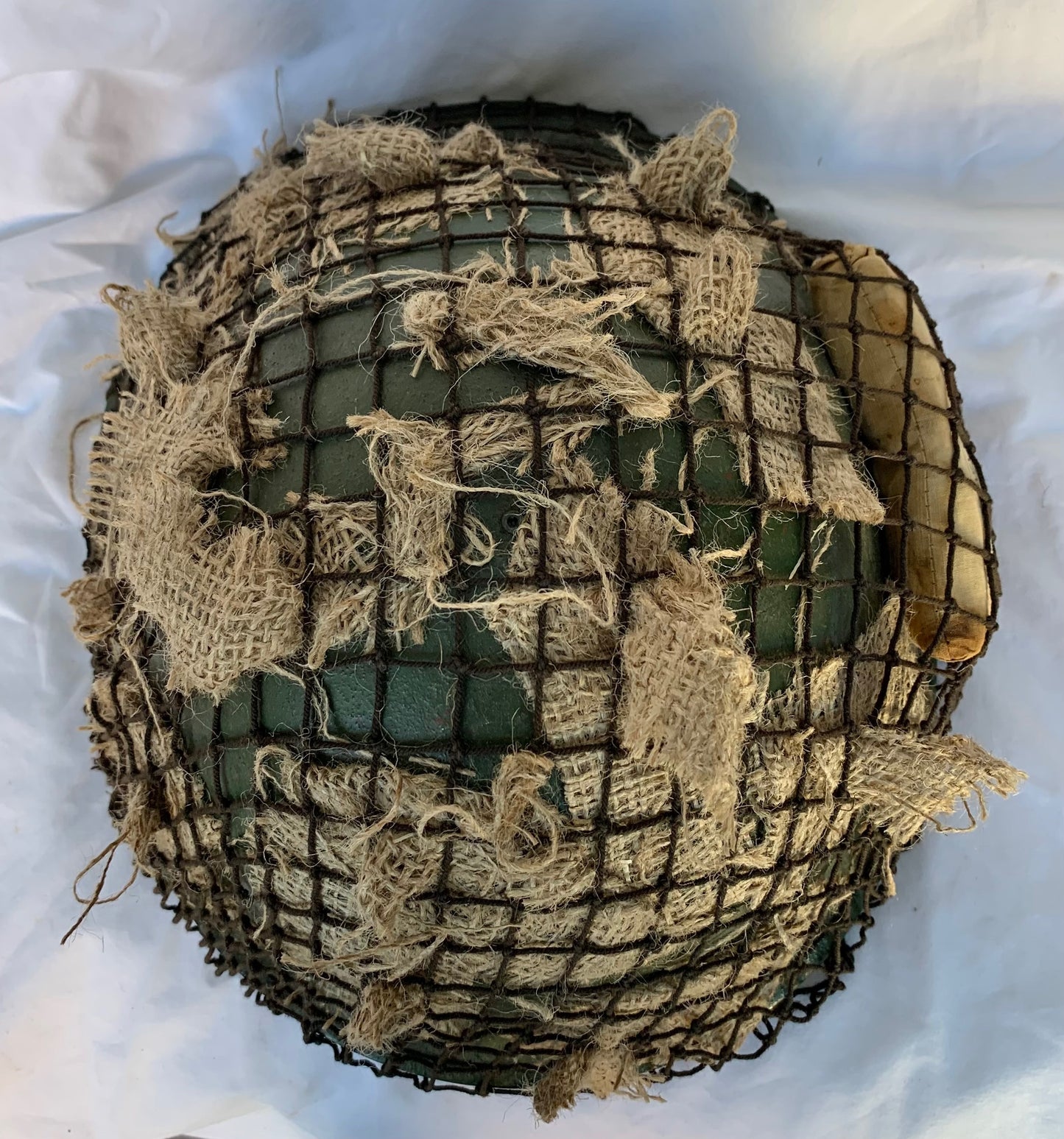 WW2 era British Mk4 Turtle Helmet with Helmet Net, Scrim and Shell Dressing Bandage